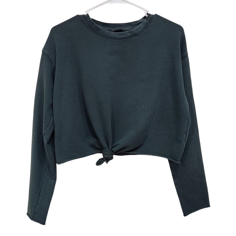Aerie Sunset Terry Fleece Long Sleeve Sweatshirt Crop Raw Hem Dark Green Size XS